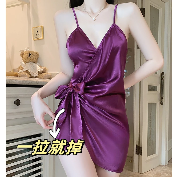 【一拉就掉】性感纯欲风吊带睡衣女战袍系带开襟睡裙修身显瘦纯欲
