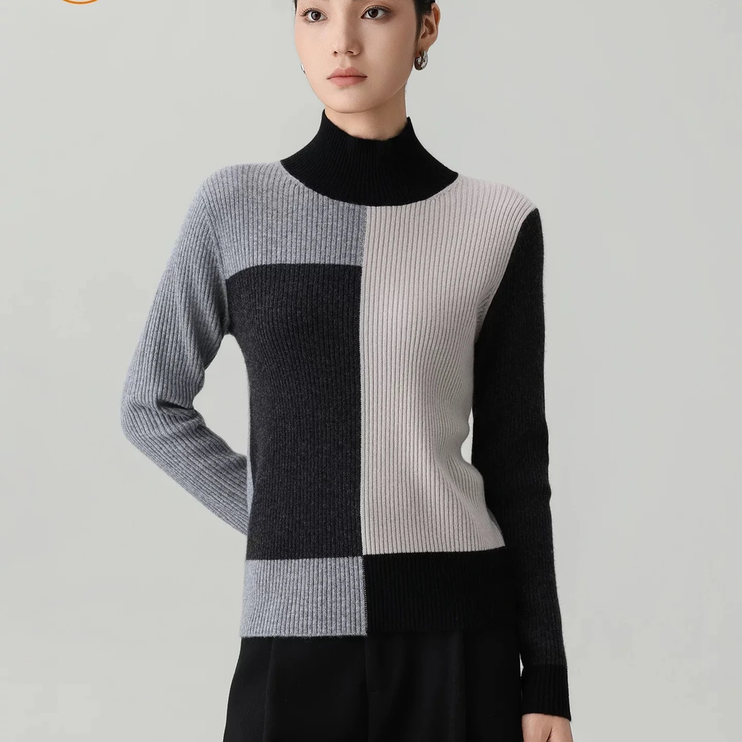 秋冬新款 半高领抽条修身100%山羊绒加厚保暖拼色女士套头衫
