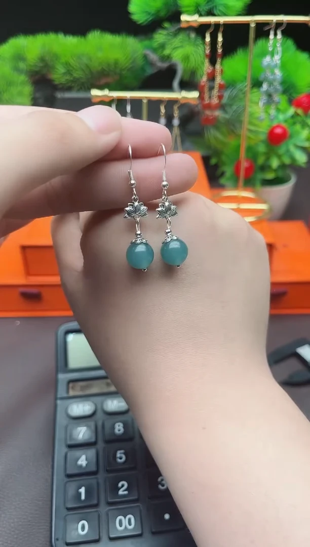 石英质玉（天山翠）银S925镶嵌耳饰237