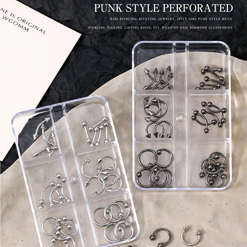 网红铆钉朋克风合金美甲饰品暗黑辣妹银色环扣尖锥形吊环指甲装饰