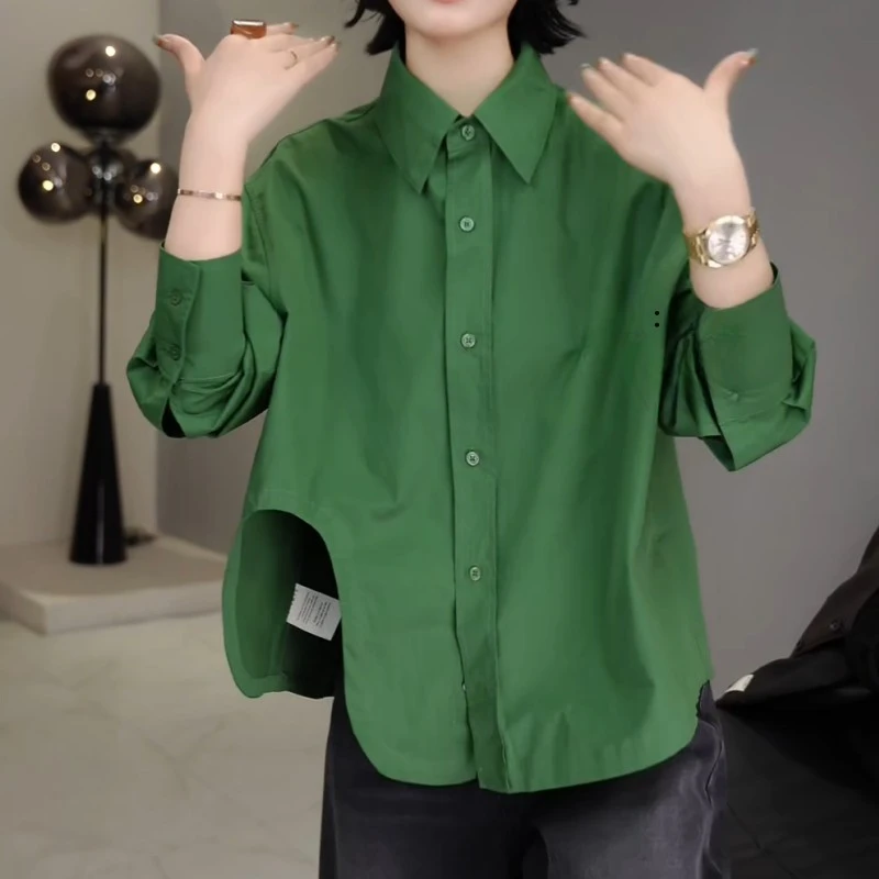 2025早秋文艺单排扣下摆不规则设计百搭宽松衬衫LK2505422