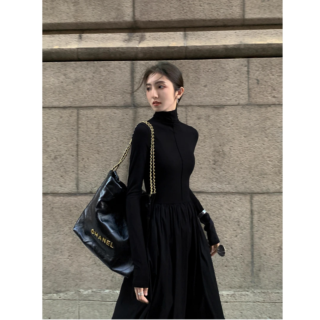 【加绒版本】法式赫本风气质高领百搭长裙收腰显瘦黑色长款连衣裙