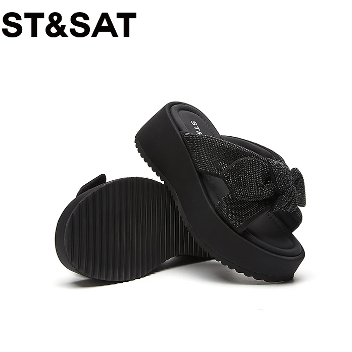 星期六6.5CM厚底水钻蝴蝶结凉拖鞋增高女鞋2025秋季爆款一字拖