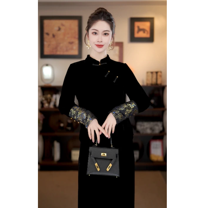 【望江南】满分桑蚕丝丝绒上衣女秋修身新中式国风上衣G8737
