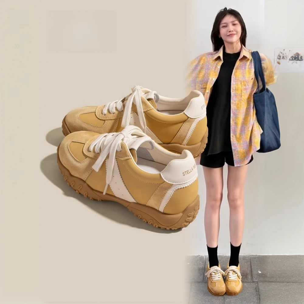 5cm内增高德训鞋女2025新款厚底黄色运动休闲鞋软底小个子阿甘鞋