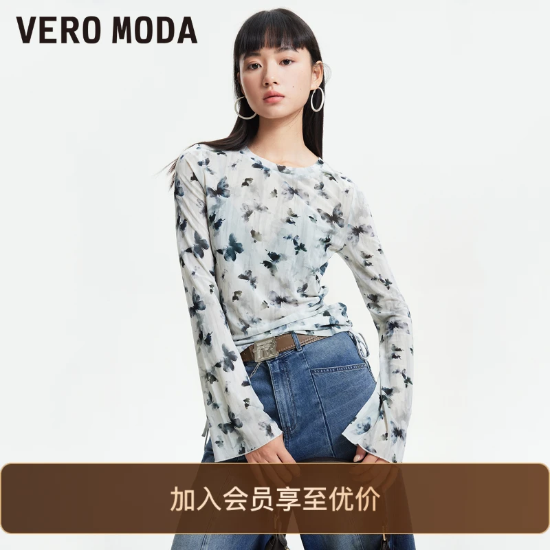 Vero ModaT恤女2025新款抽绳蝴蝶印花长袖薄纱纯欲长袖上衣知性风