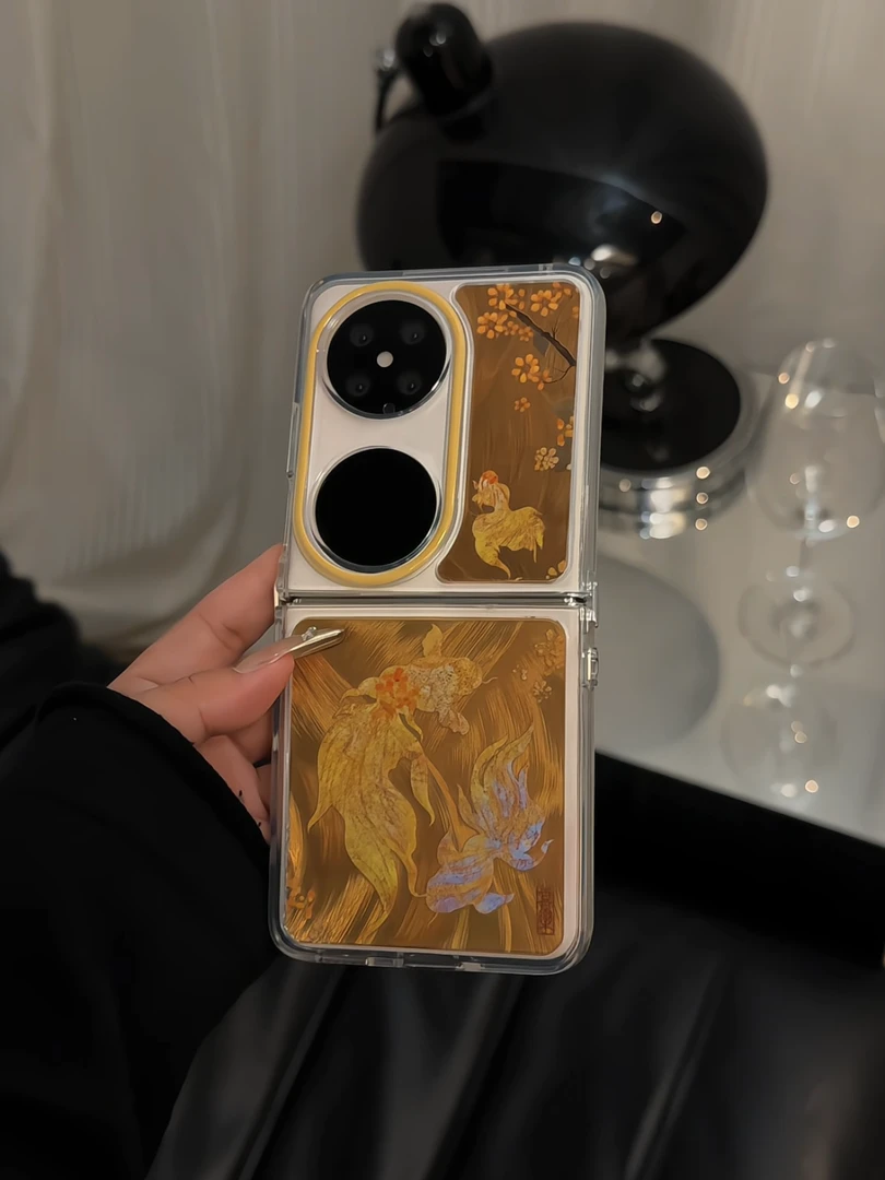 （华为pocket系列）折叠羽纱适用华为pocket2手机壳p50桂花金箔锦鲤