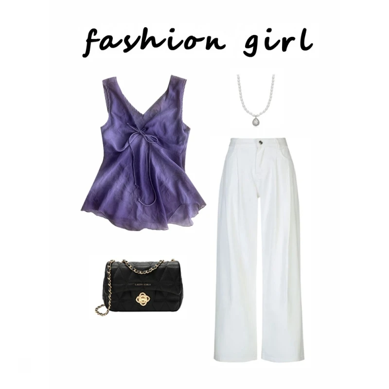 2025新款夏季时尚设计紫色背心上衣绝美小衫白色直筒阔腿裤套装女