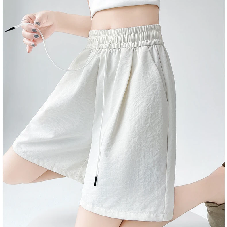 白色冰丝奶芙山本短裤女2025夏季薄款高腰休闲阔腿运动五分中裤子