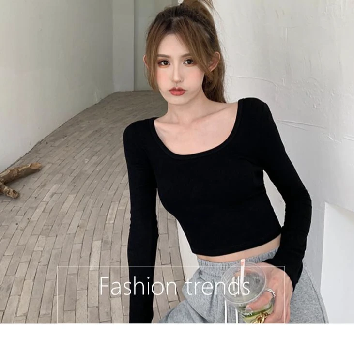 白色t恤女长袖2024秋装纯色内搭打底衫短款纯棉紧身露脐低领上衣