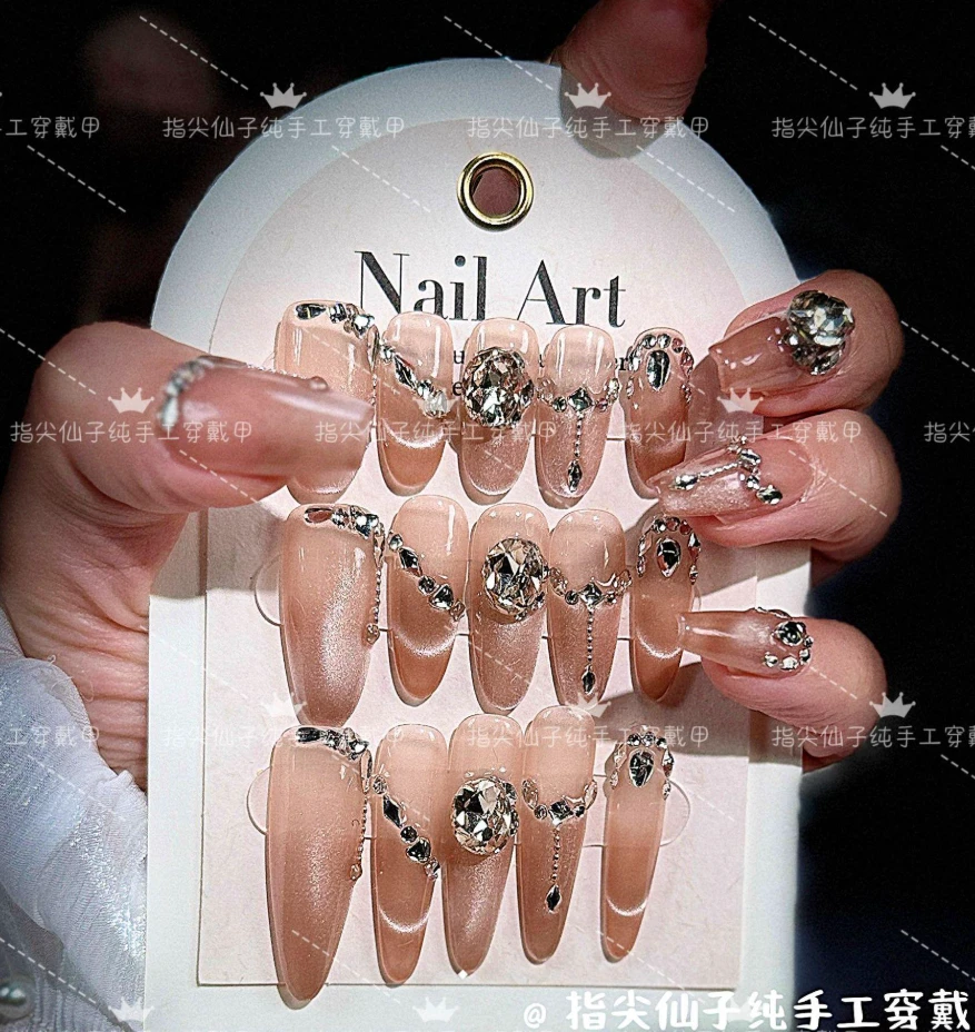 【往日云烟】纯手工穿戴甲猫眼闪钻美甲贴片可拆卸指甲贴片10片装