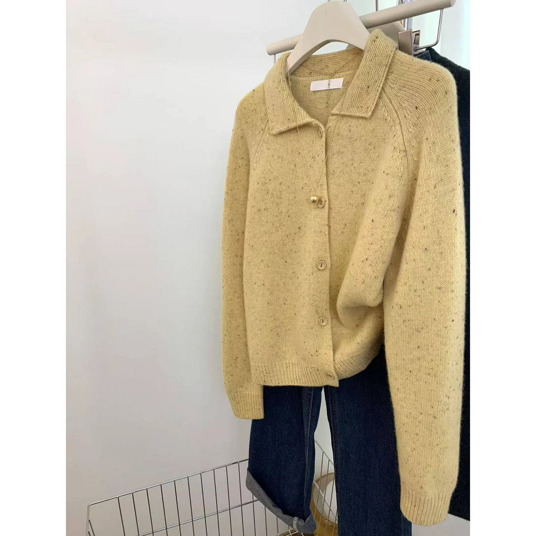 【翻领斑点开衫】翻领春季新款软糯宽松点子纱针织开衫女装上衣1268