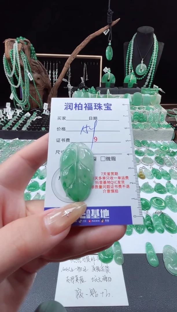 吊坠(赠链)未镶嵌石英质玉（非洲翠）30.360叶子