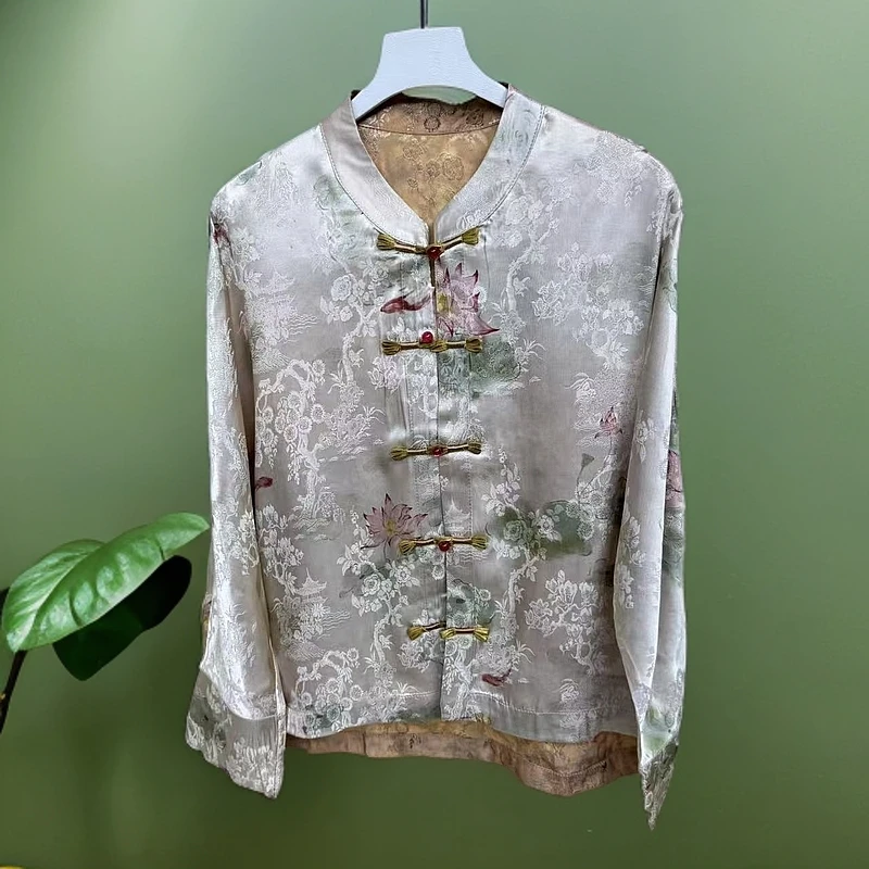 【荷塘悦色】新中式国风人丝圆领斜门襟时尚洋气高级感上衣打底0303