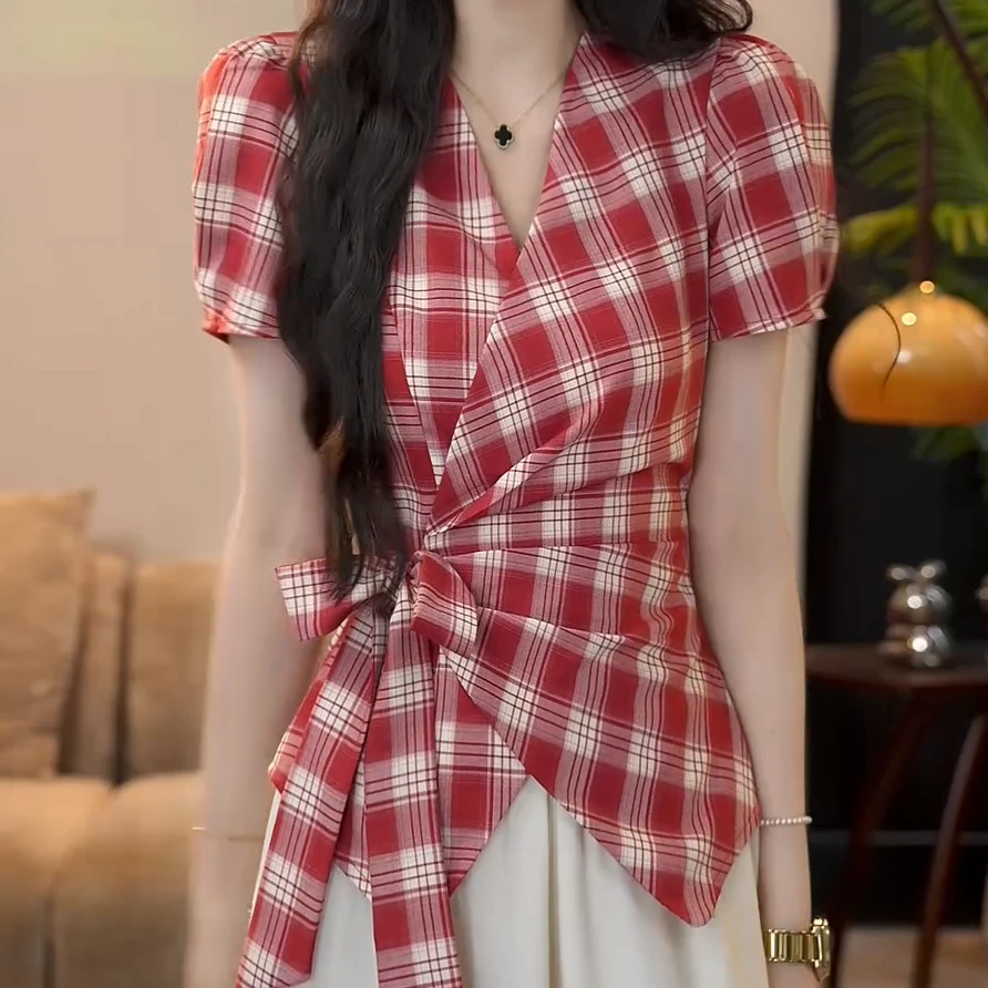 【雾蓝海岸】夏季复古小众设计感蓝色格子衬衫