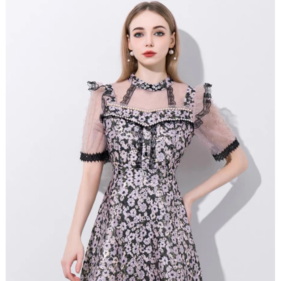 2025年夏季原创款法式复古重工碎花收腰连衣裙A字裙1591