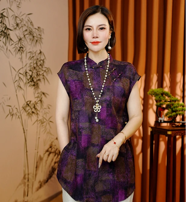 【紫烟】2025新款夏季新中式T恤短袖刻花修身显瘦减龄气质款185A