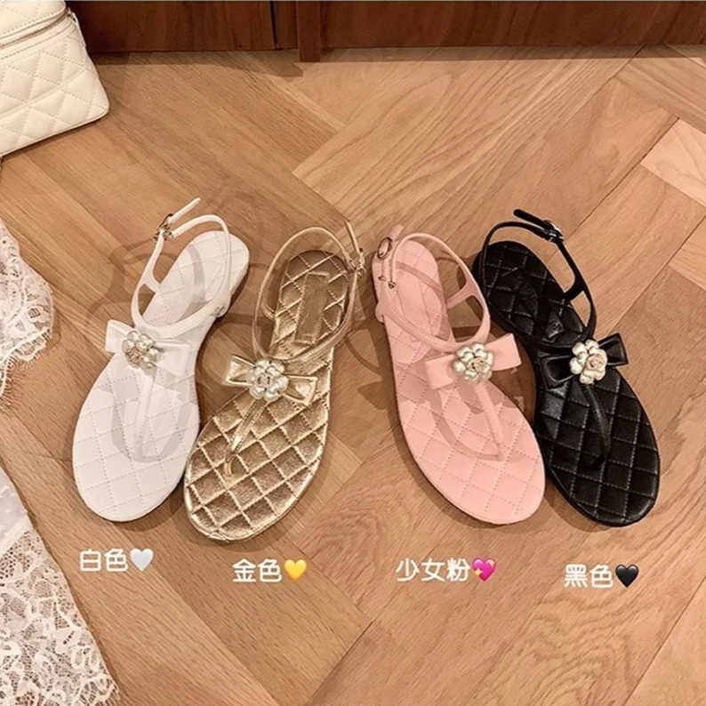 羊皮版~两个跟高~山茶花水钻蝴蝶结夹趾凉鞋女粗跟2025年夏季新款