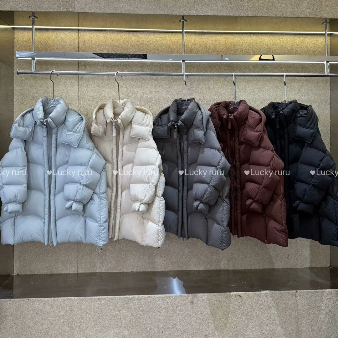 立领连帽云朵泡芙廓版羽绒服女中长款2024年冬高级感白鸭绒外套