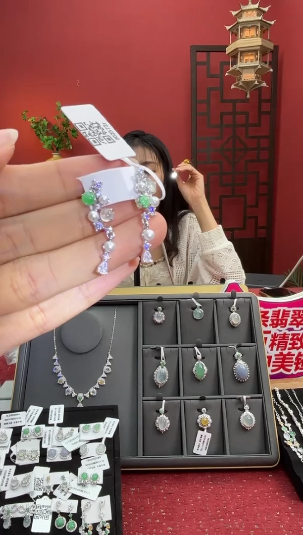 银S925镶嵌翡翠耳饰002572R