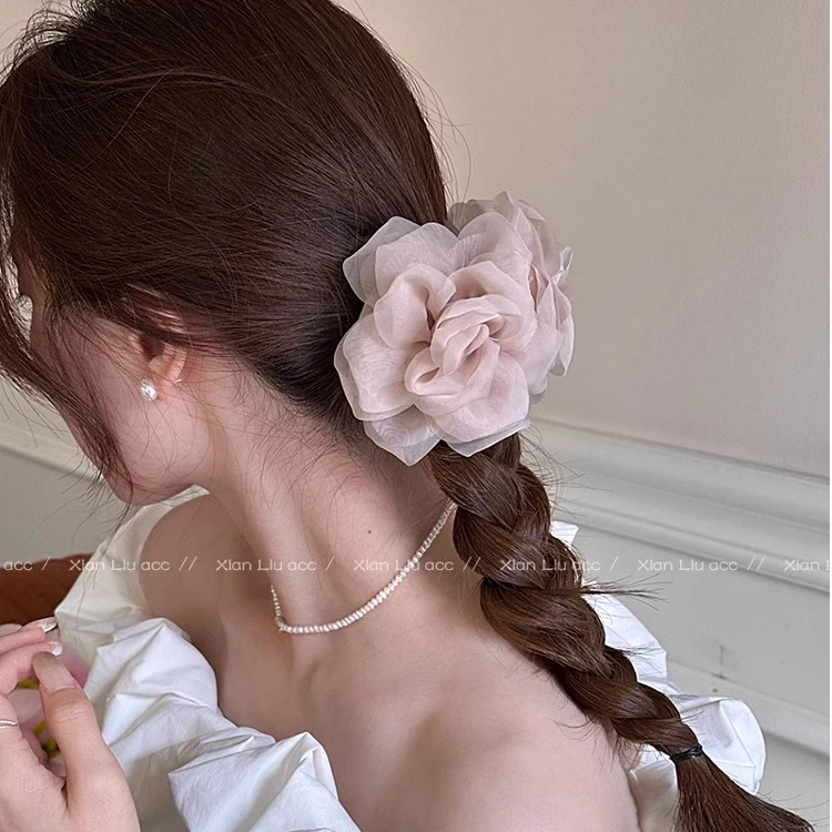 精致玫瑰花朵发夹女后脑勺超仙网纱盘发抓夹优雅大号鲨鱼夹子头饰