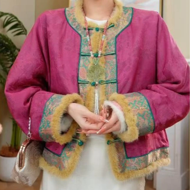 【名锦花间】毛领新中式冬款毛领棉服重工织锦外套2024D5550小鹿