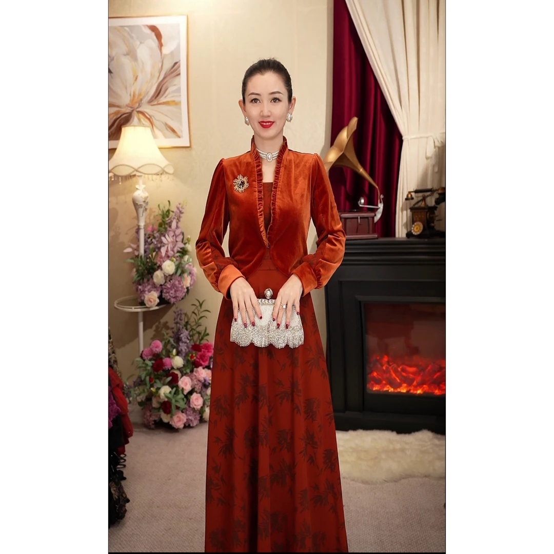 《丹尚爱》花颜悦色冬季保暖橘色收腰显瘦气质长袖复古长款连衣裙