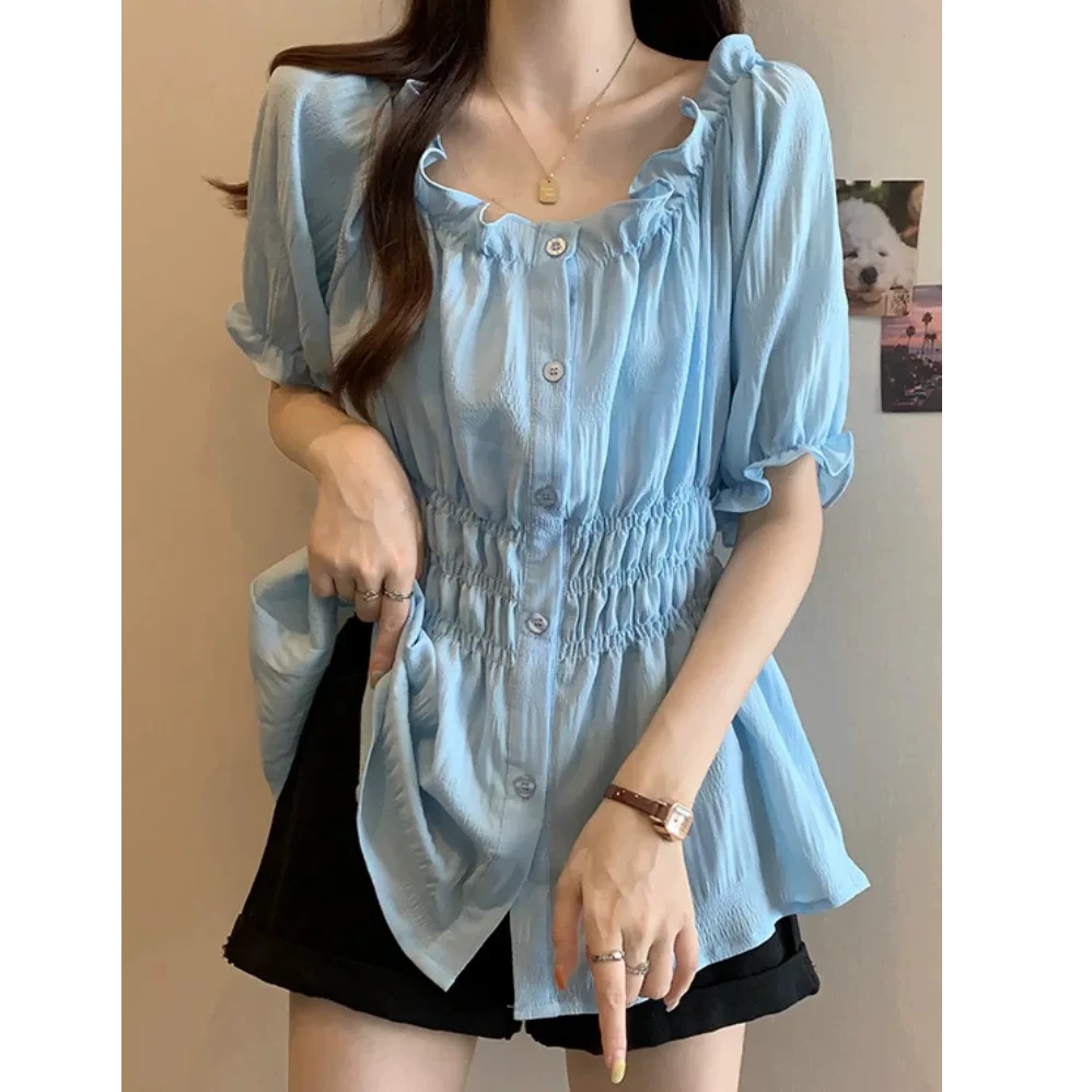 3549大码女装胖mm收腰遮肚高级感雪纺短袖一字肩娃娃衫上衣5099