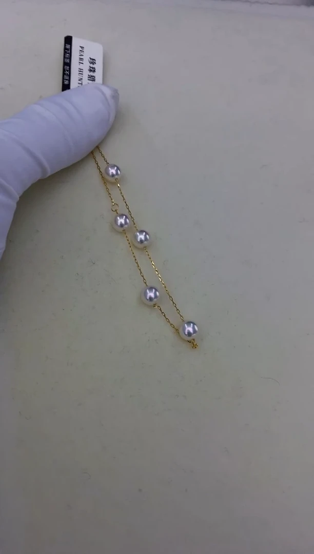 18K金镶嵌akoya海水珍珠漫天星手链6-6.5mm