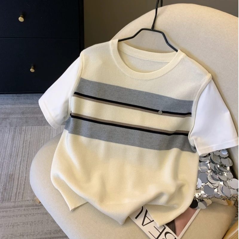 【80-180斤】假两件撞色条纹冰丝短袖T恤女夏宽松遮肚正肩针织上衣