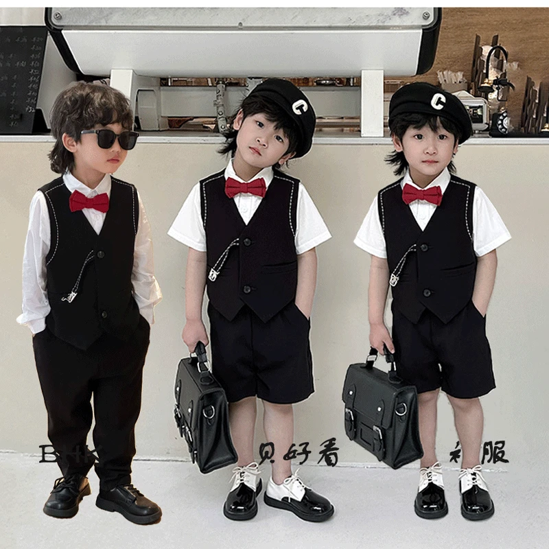 儿童英伦西装马甲套装钢琴演出服花童礼服男孩小西服主持人走秀潮