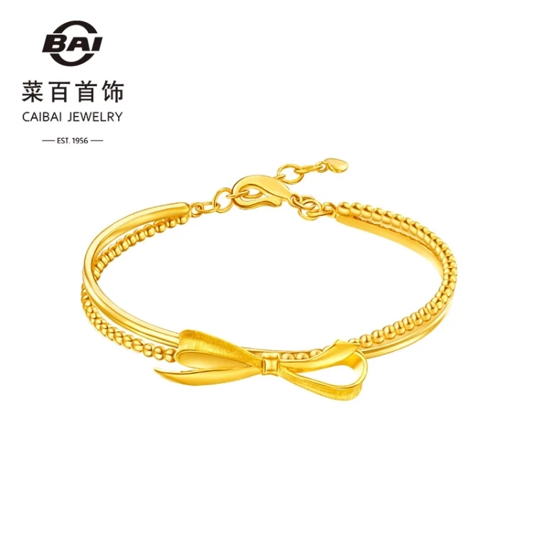 菜百首饰新款黄金蝴蝶结手镯女足金叠戴手链百搭金镯子