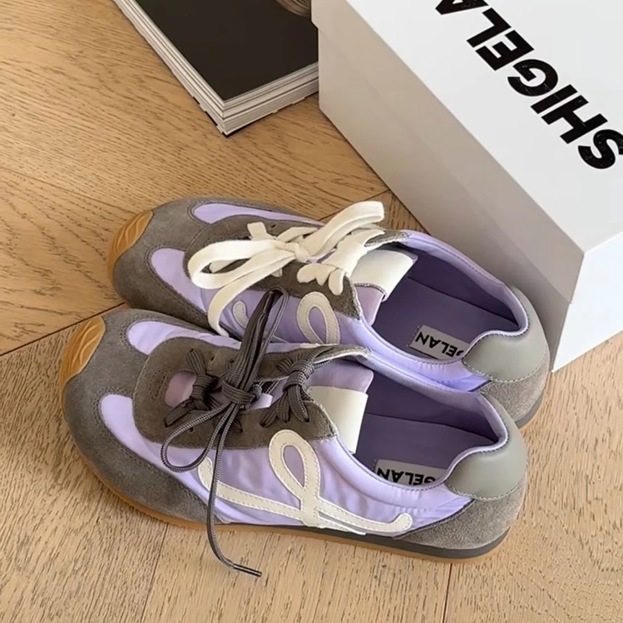 诗歌兰真皮女鞋2025春款时尚百搭平底系带拼色运动鞋阿甘鞋德训鞋