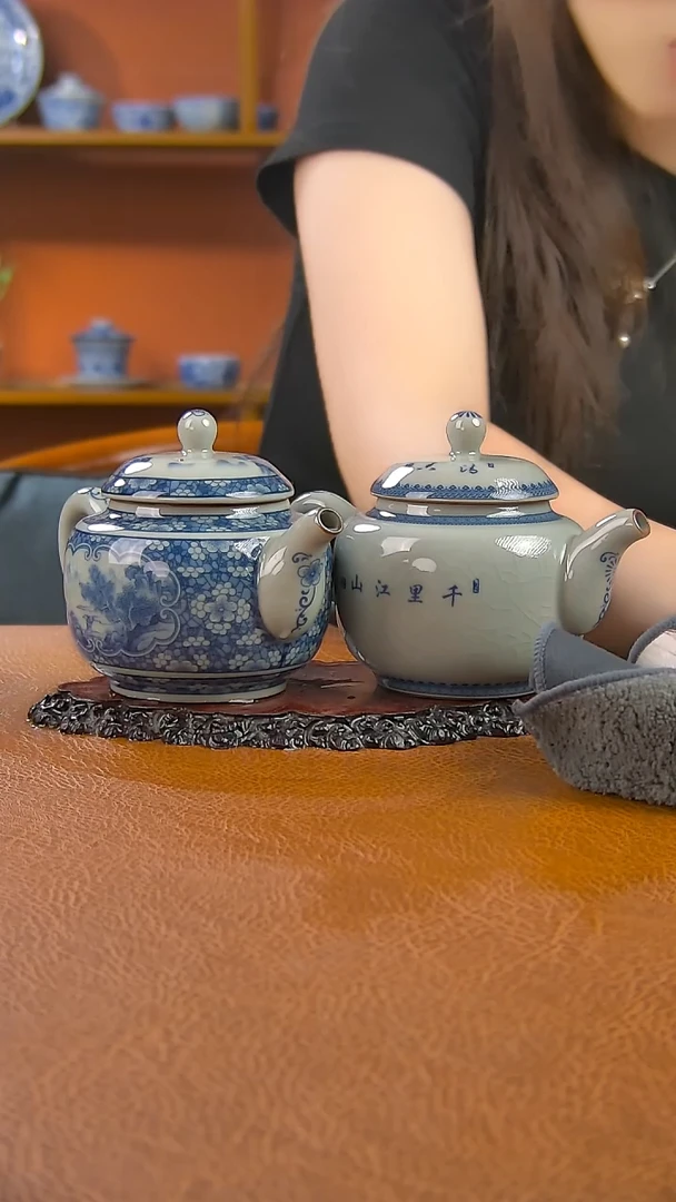 龙*嘉景德镇手工青花千里江山茶壶加冰梅茶壶