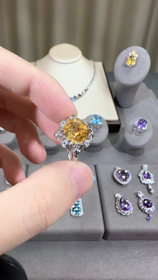 银S925镶嵌戒指黄晶9mm戒指设计款