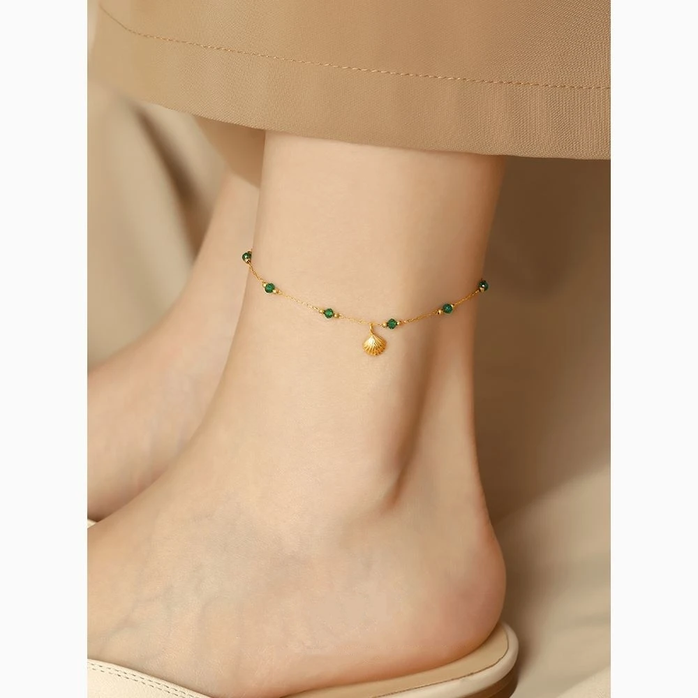 钛钢脚链 中式绿色扇形脚链女钛钢不掉色脚链高档脚饰足链夏小众