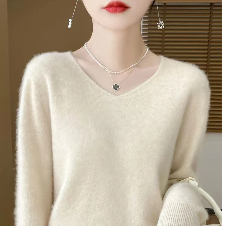 100纯色秋冬季女V领修身羊绒衫薄款针织套头纯色打底衫