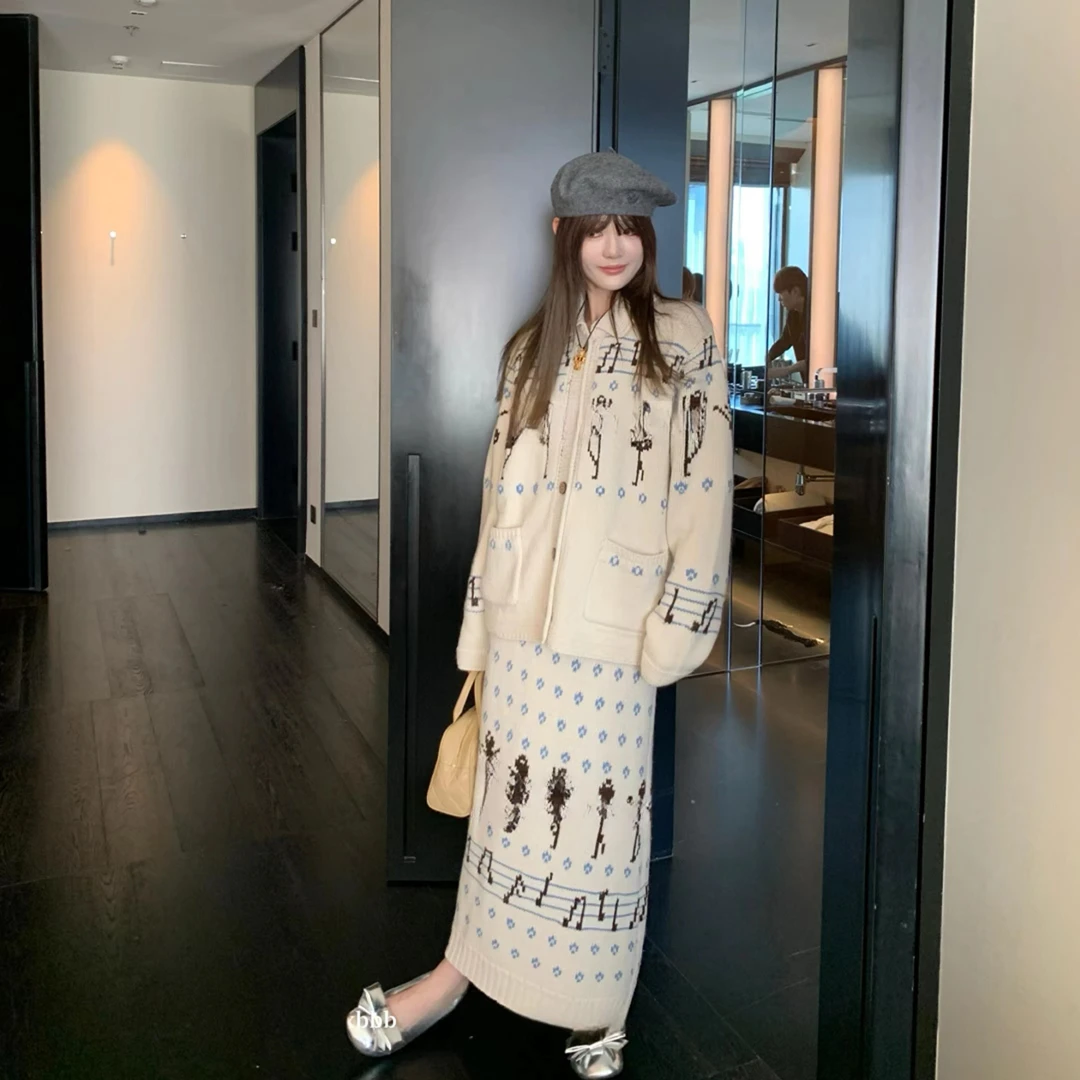 韩系设计感气质针织套装翻领开衫上衣女秋冬新款修身显瘦长/短裙