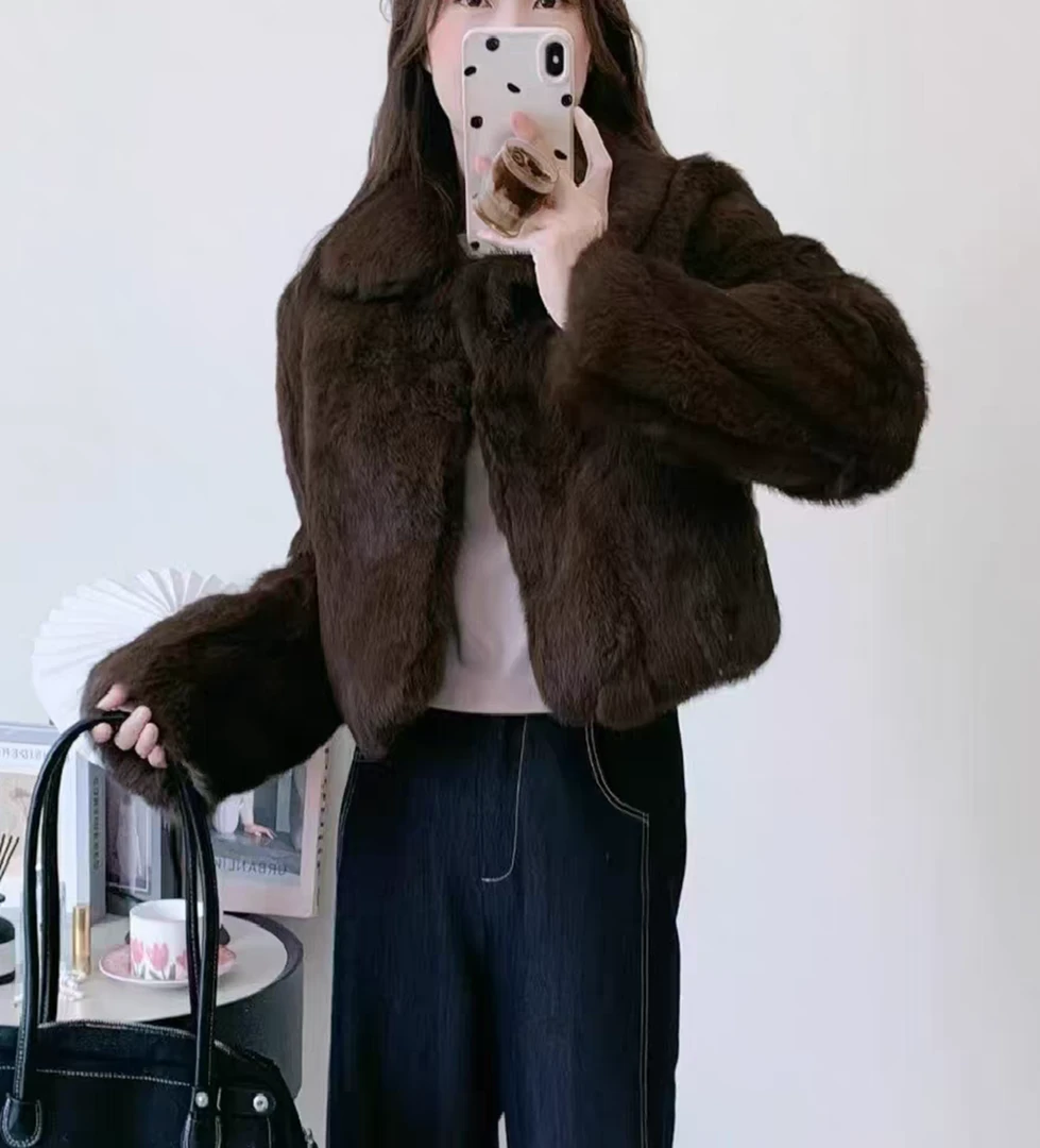 《上东老钱原版》保高品质秋冬新款全真毛兔毛双色咖大翻领短款外套