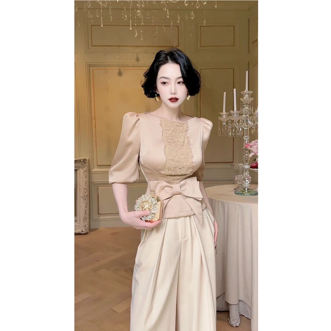 LYXJ【菲娅千金】短袖夏季印染套头成人蕾丝衬衫系带修身12017