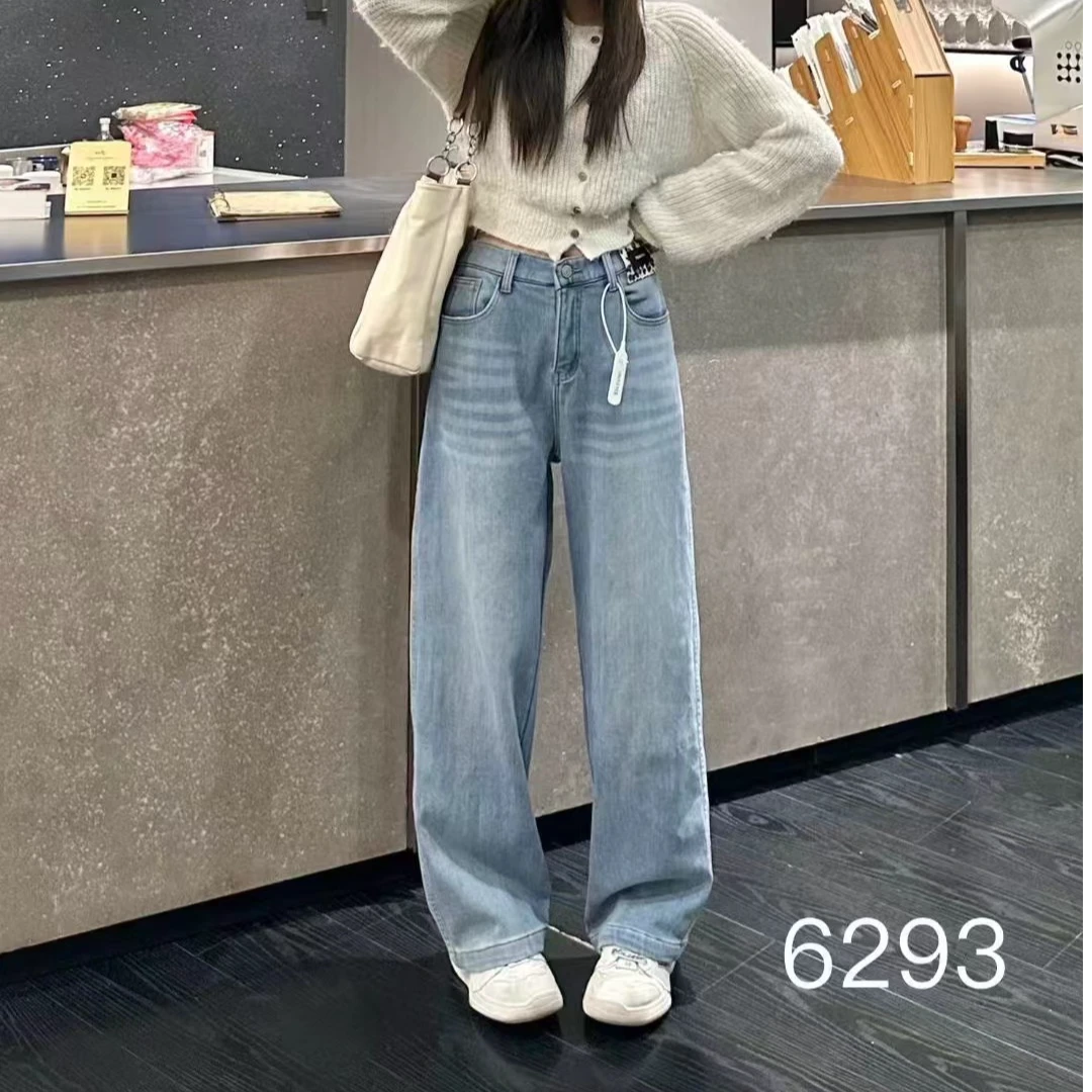 【加绒】应季潮牌大码女直筒浅色加绒牛仔6293