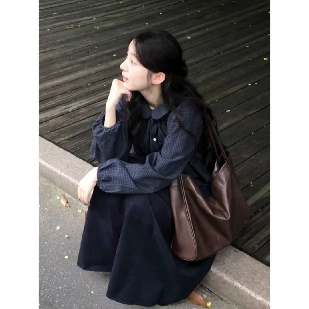 MARIE.COCO学院风花边拼接收腰长袖格子衬衫女早秋港风复古半身裙