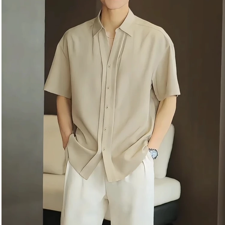 莱蒙璀 韩系高级垂感V领短袖衬衫男士夏季半袖上衣休闲痞帅衬衣薄
