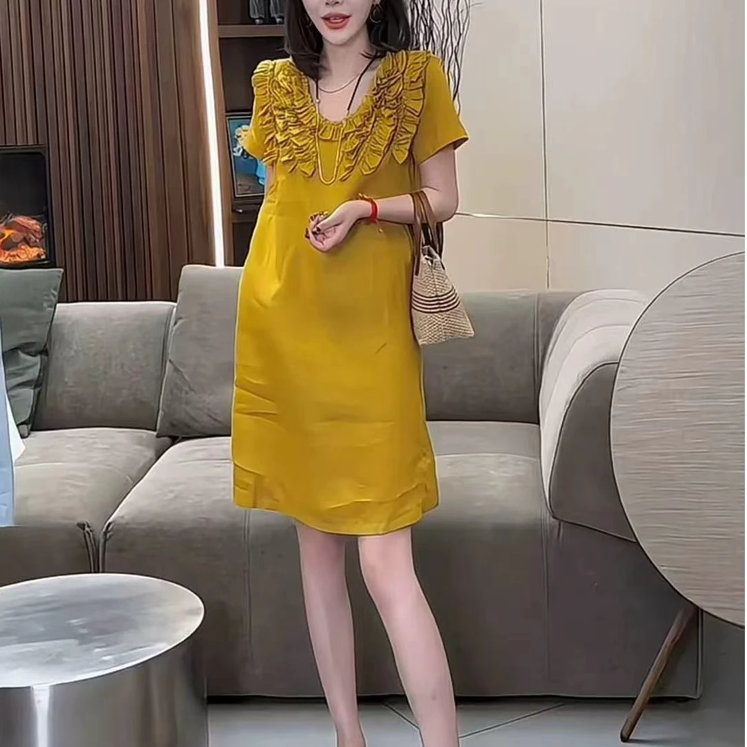 D6053法式优雅减龄连衣裙夏季新款精致感木耳边圆领短袖休闲裙