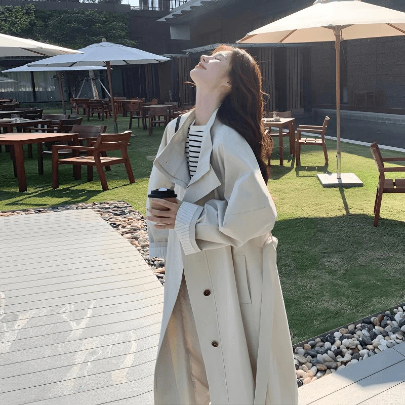 小个子秋季纯色秋季法式中长款春秋风衣宽松休闲风薄款风衣套装女