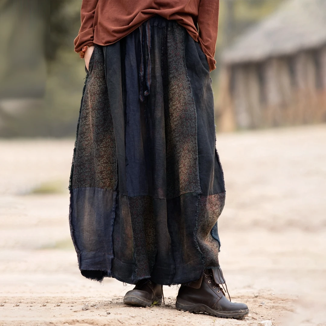 麻依者24春夏款亚麻植物染做旧松紧抽绳拼接撞色花苞裙#1095