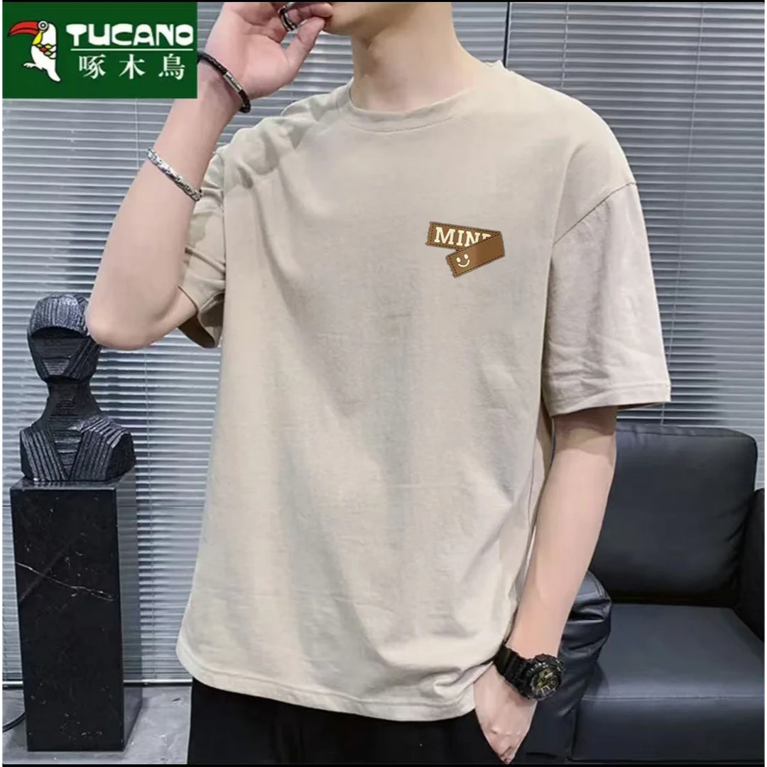 啄木鸟男士纯棉圆领短袖T恤宽松休闲透气时尚潮流全棉印花半袖