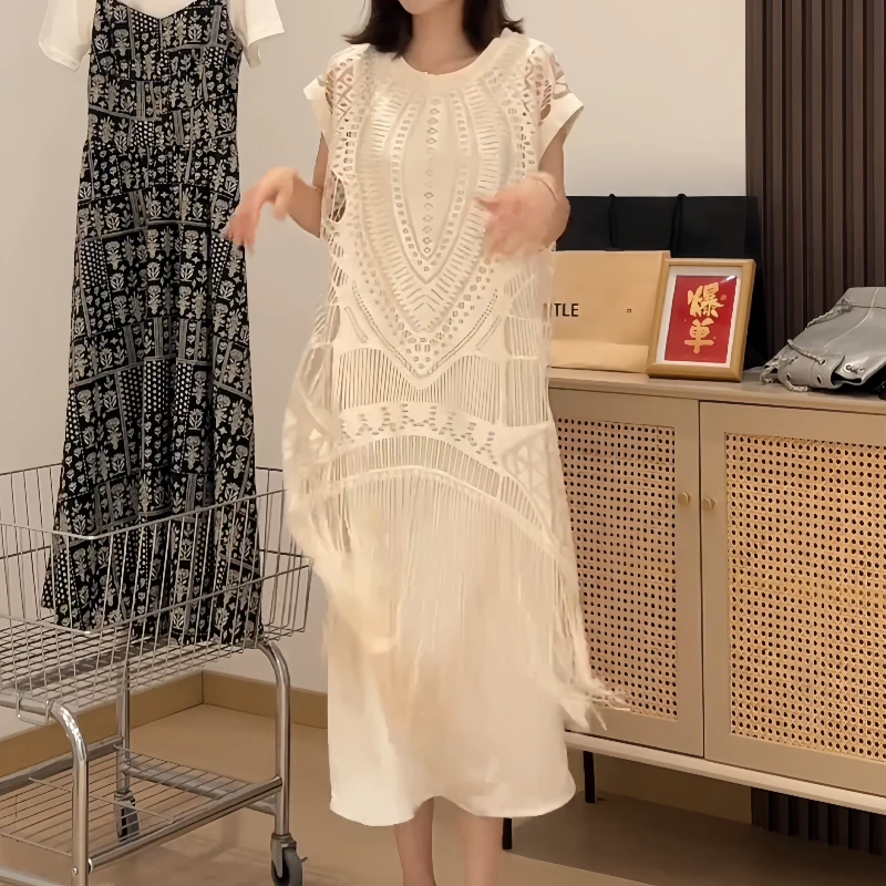 夏季圆领长裙大码法式风假两件休闲背带减龄拼接慵懒时尚风连衣裙