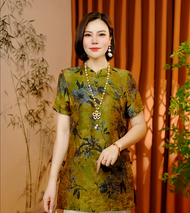 【梧安花语】2025新款夏季新中式奥黛短袖刻花修身显瘦减龄气质款