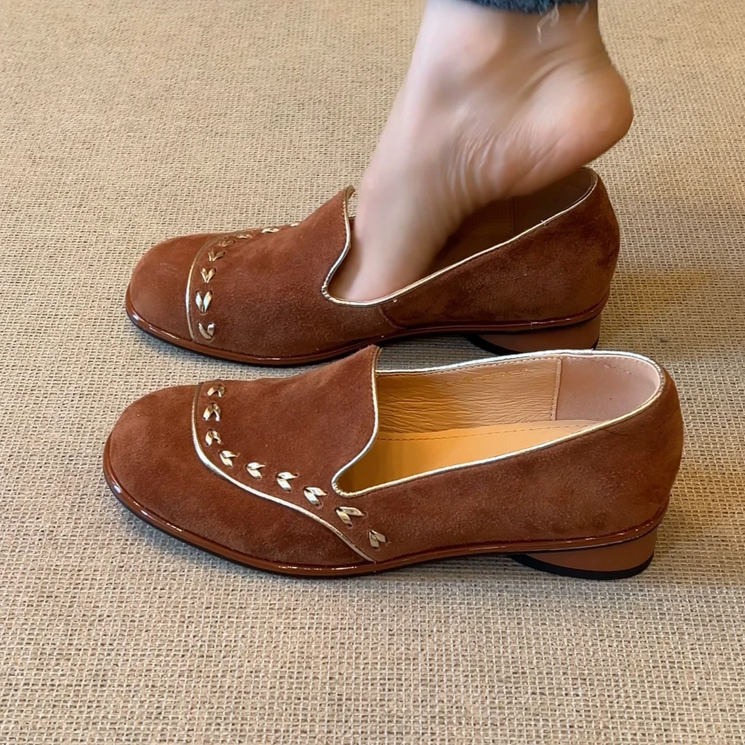 RubyL/2.5cm时尚设计感百搭拼色麦穗一脚蹬圆头浅口粗跟单鞋女款